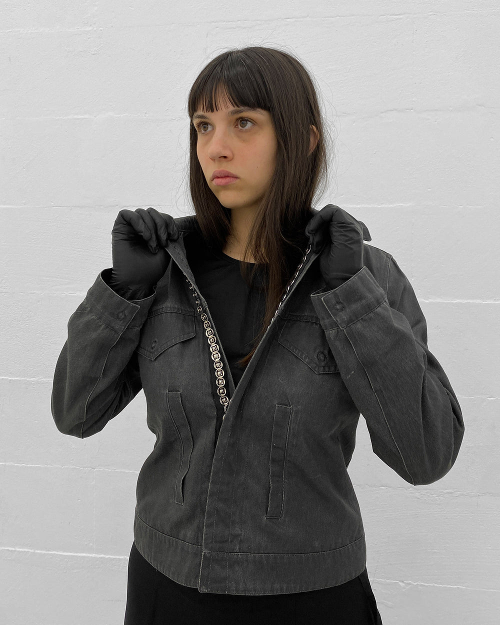 Ann Demeulemeester 1990s Hidden Push Button Denim Jacket Grey