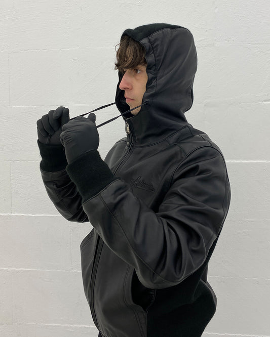 Avirex 2000s Knit Parts Hooded Leather Jacket Black