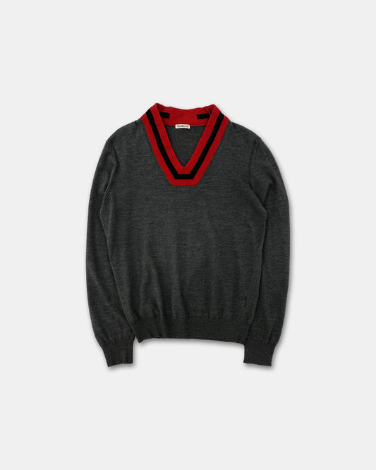 Bikkembergs 2010s V-Neck Wool Knit Sweater Grey Red
