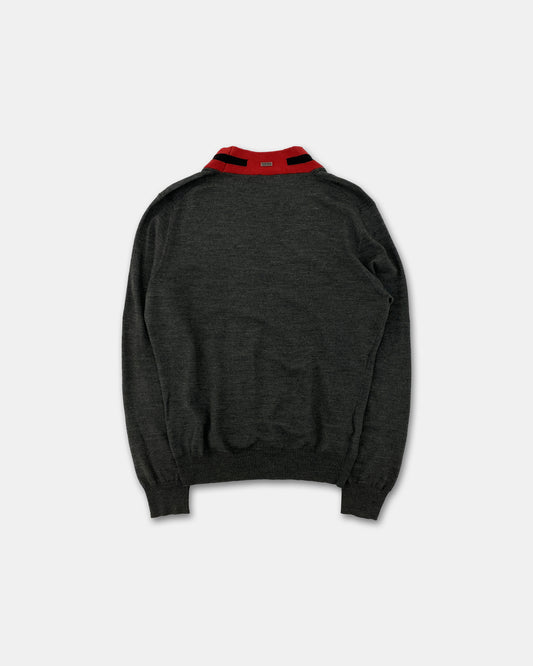 Bikkembergs 2010s V-Neck Wool Knit Sweater Grey Red
