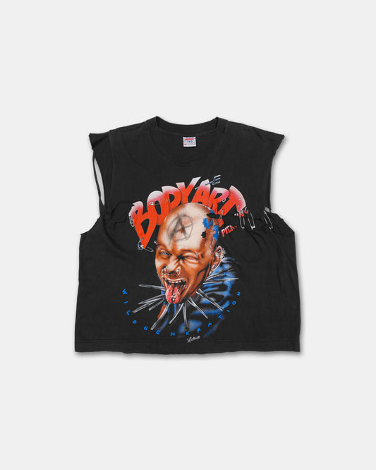 Vintage 2000s Cut Off Safety Pins Body Art Punk T-Shirt Black