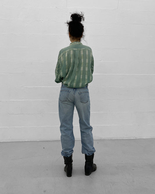 Helmut Lang 2000s Knee Blowout Boot Cut Vintage Sanded Denim Light Blue