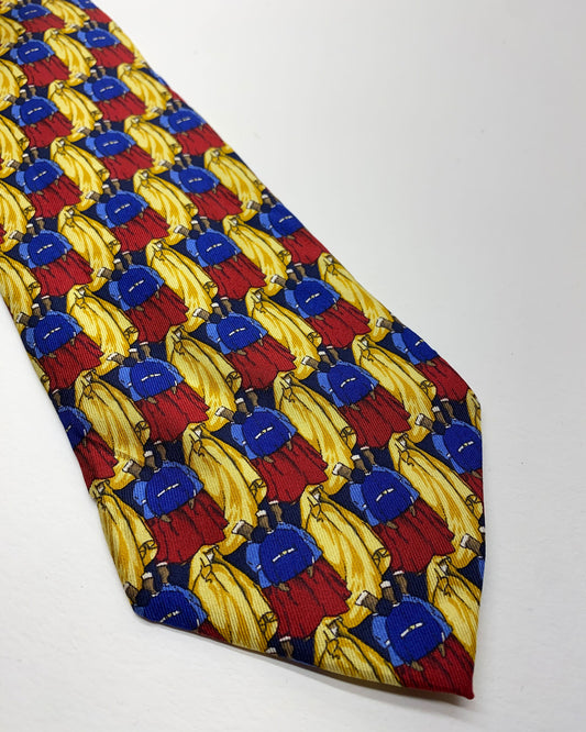 Christian Dior 1990s People Pattern Tie Red Blue Gold