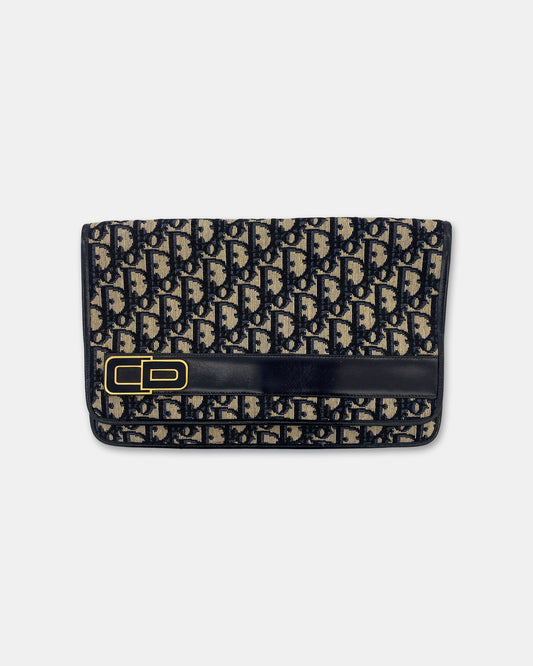 Christian Dior 1970s Monogram Clutch Navy Gold