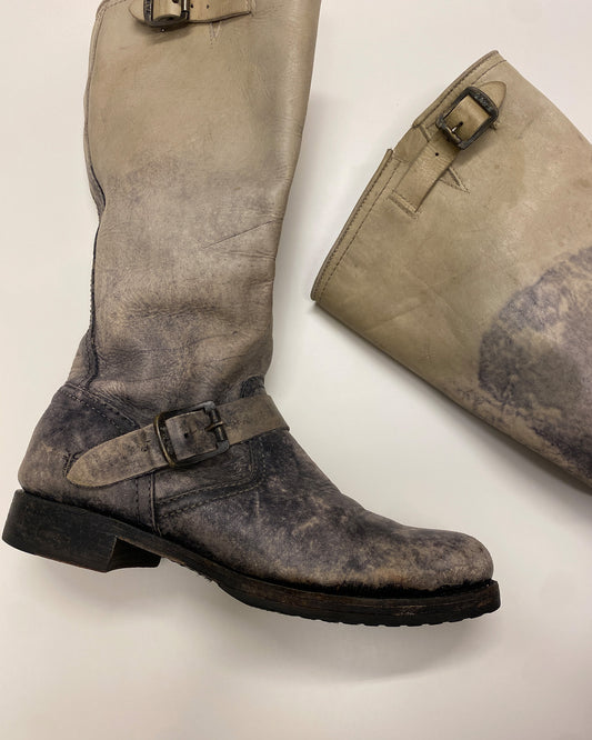 Frye 2000s Veronica Srone Wash Slouch Leather Boots Beige Black