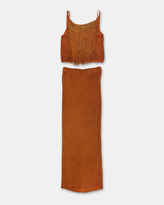 Jean Paul Gaultier Pour Equator SS1984 Spaghetti Straps Fringe Knit Top and Skirt Set Orange