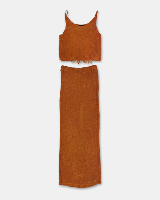 Jean Paul Gaultier Pour Equator SS1984 Spaghetti Straps Fringe Knit Top and Skirt Set Orange