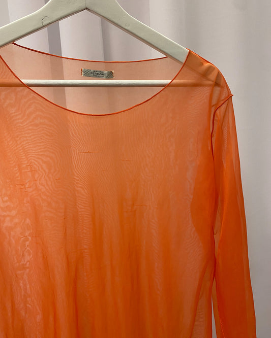 Marithé + François Girbaud 1990s See Through Inside Out Seam Mesh Longsleeve Dress Orange