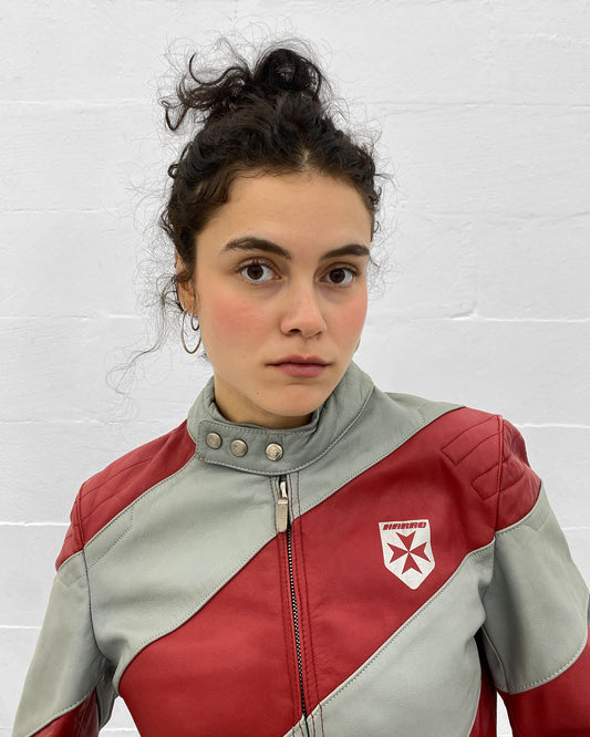 Harro 1980s Diagonal Striped Leatherjacket Red Grey