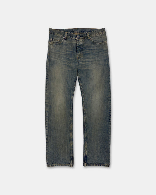 Helmut Lang 1990s Boot Cut Vintage Stained Denim Dirty Blue