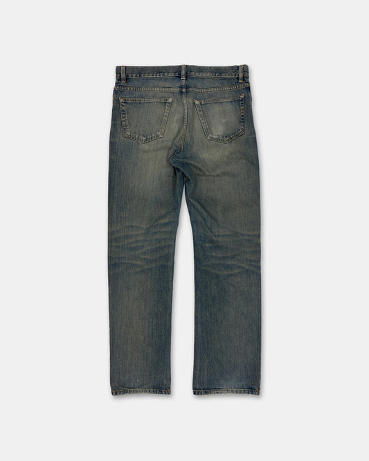 Helmut Lang 1990s Boot Cut Vintage Stained Denim Dirty Blue