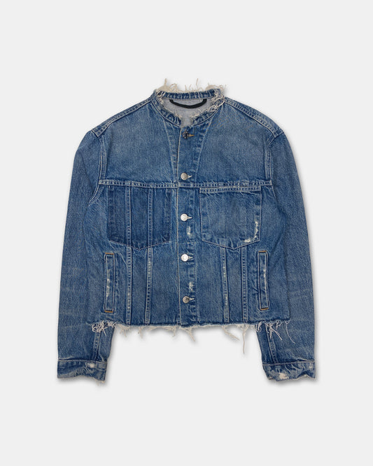 Helmut Lang 2010s Reconstructed Open Hem Distressed Denim Jacket Blue