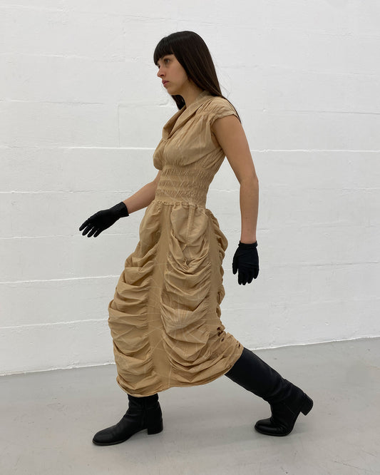 Issey Miyake 2000s A-POC Scrunch Dress Beige