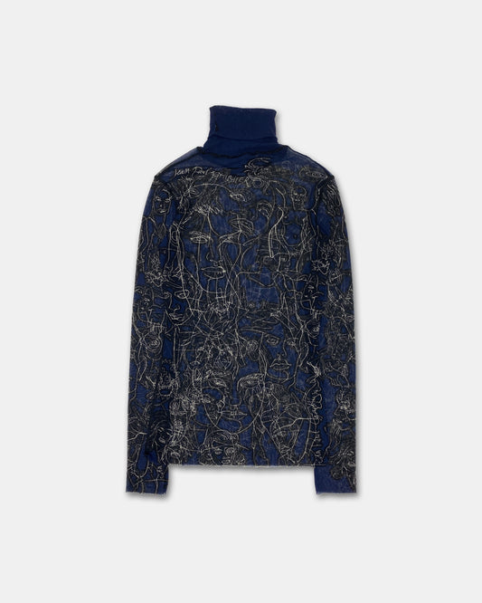 Jean Paul Gaultier Maille 1990s Scribble Faces Turtle Neck Mesh Longsleeve Top Black Navy