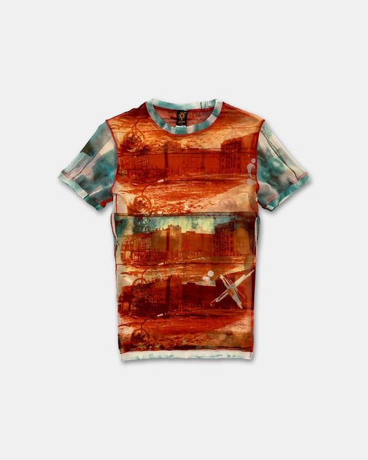 Jean Paul Gaultier Soleil 2000s City Print Mesh Top Orange