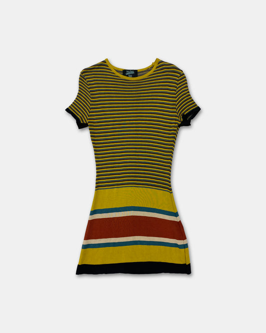 Jean Paul Gaultier Maille 1990s Striped Stretchy Short Dress Dark Yellow Black