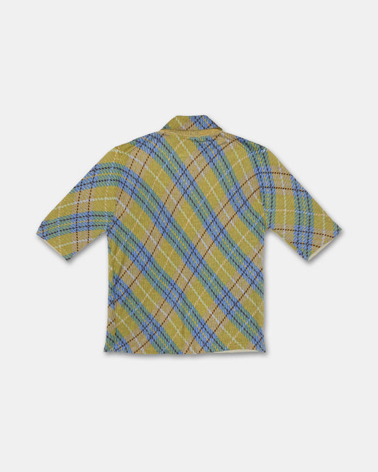 John Galliano FW2000 Checkered Cashmere Short Sleeve Knit Blouse Top Yellow Blue