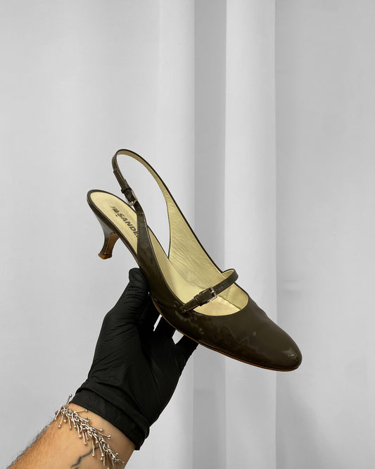 Jil Sander 2000s Slingback Patent Leather Kitten Heels Brown