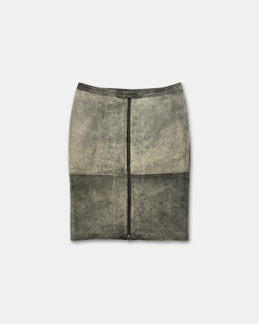 Vintage 2000s Full Zip Cracked Leather Skirt Black Black Beige
