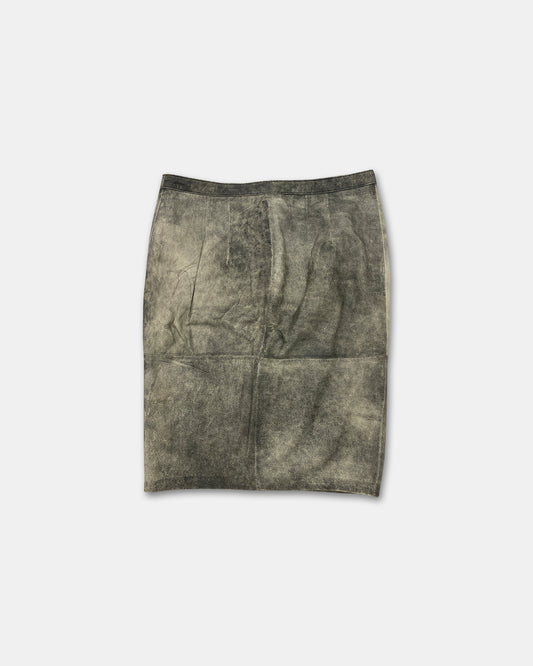 Vintage 2000s Full Zip Cracked Leather Skirt Black Black Beige