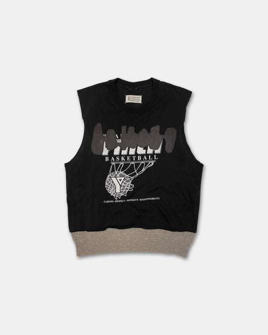 Maison Martin Margiela Line 0 10 Artisanal AW2003 Cut Off Basketball Print Leather Patchwork Tanktop T-Shirt Black