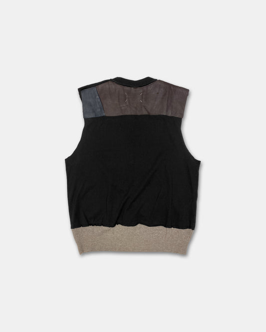 Maison Martin Margiela Line 0 10 Artisanal AW2003 Cut Off Basketball Print Leather Patchwork Tanktop T-Shirt Black