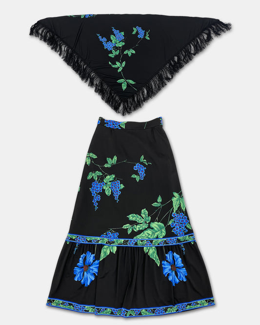 Vintage 1980s Flower Print Maxi Skirt and Fringed Triangle Scarf Set Black