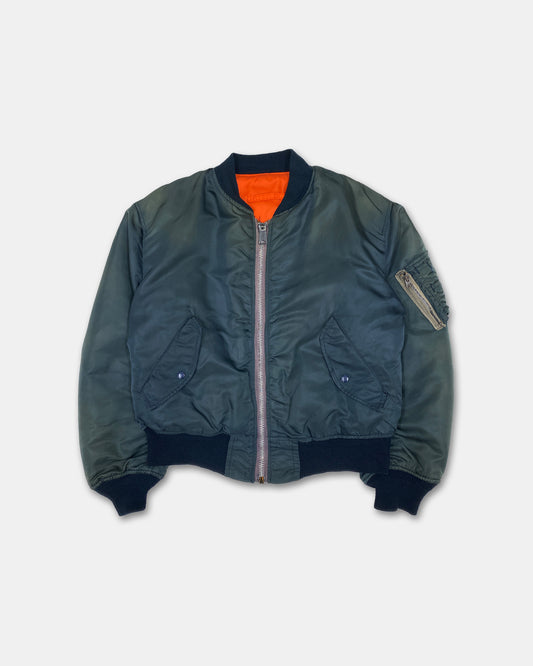 Vintage 1970s Made in USA Faded MA-1 Bomber Jacket Dark Petrol