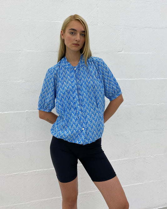 Vintage 1970s Pattern Loose Blouse Top Turquoise