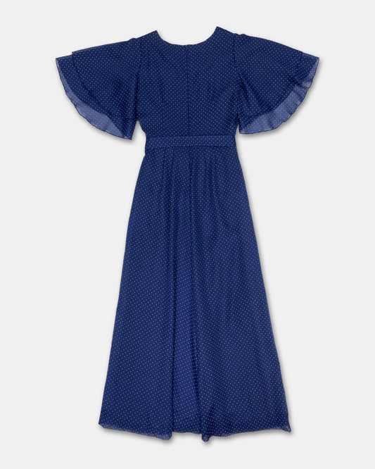 Vintage 1970s Polka Dot Butterfly Sleeves Dress Navy