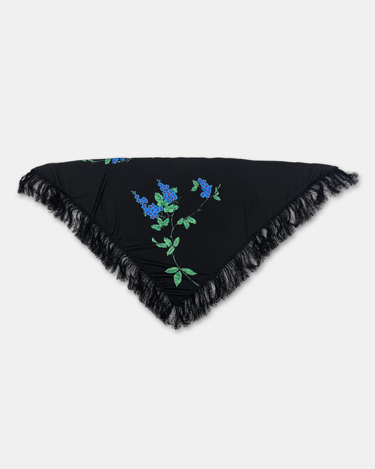Vintage 1980s Flower Print Fringed Triangle Scarf Black