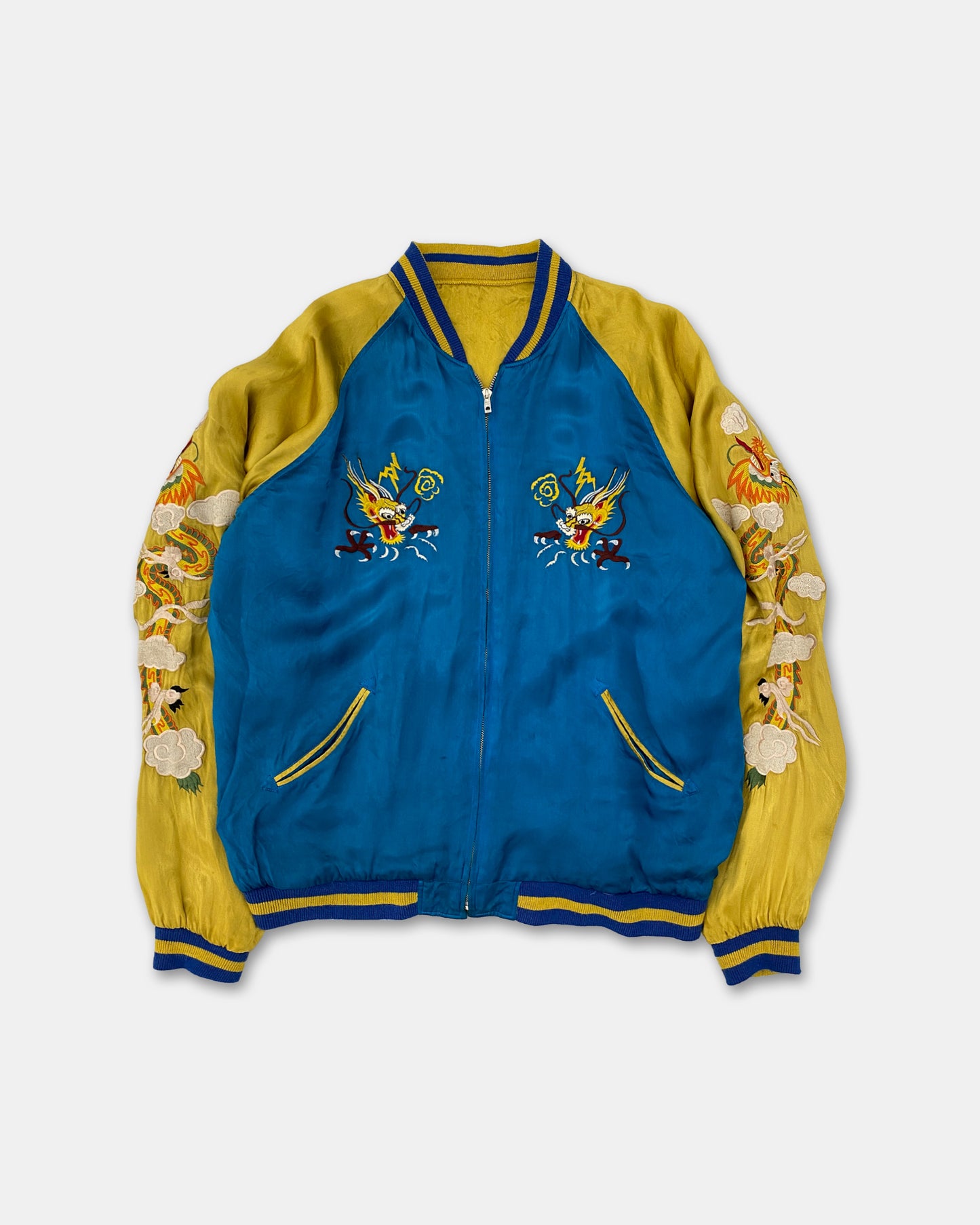 Vintage 1980s Reversible Japan Dragon Souvenir Jacket Blue Yellow