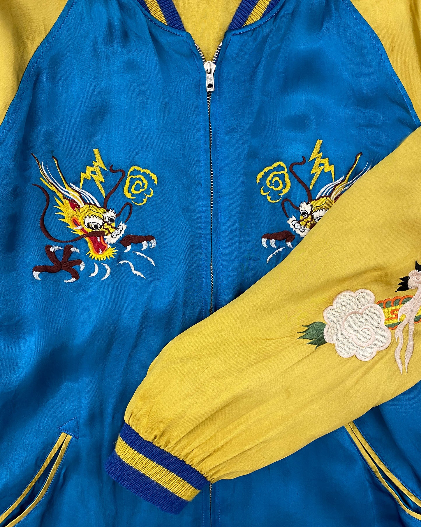 Vintage 1980s Reversible Japan Dragon Souvenir Jacket Blue Yellow