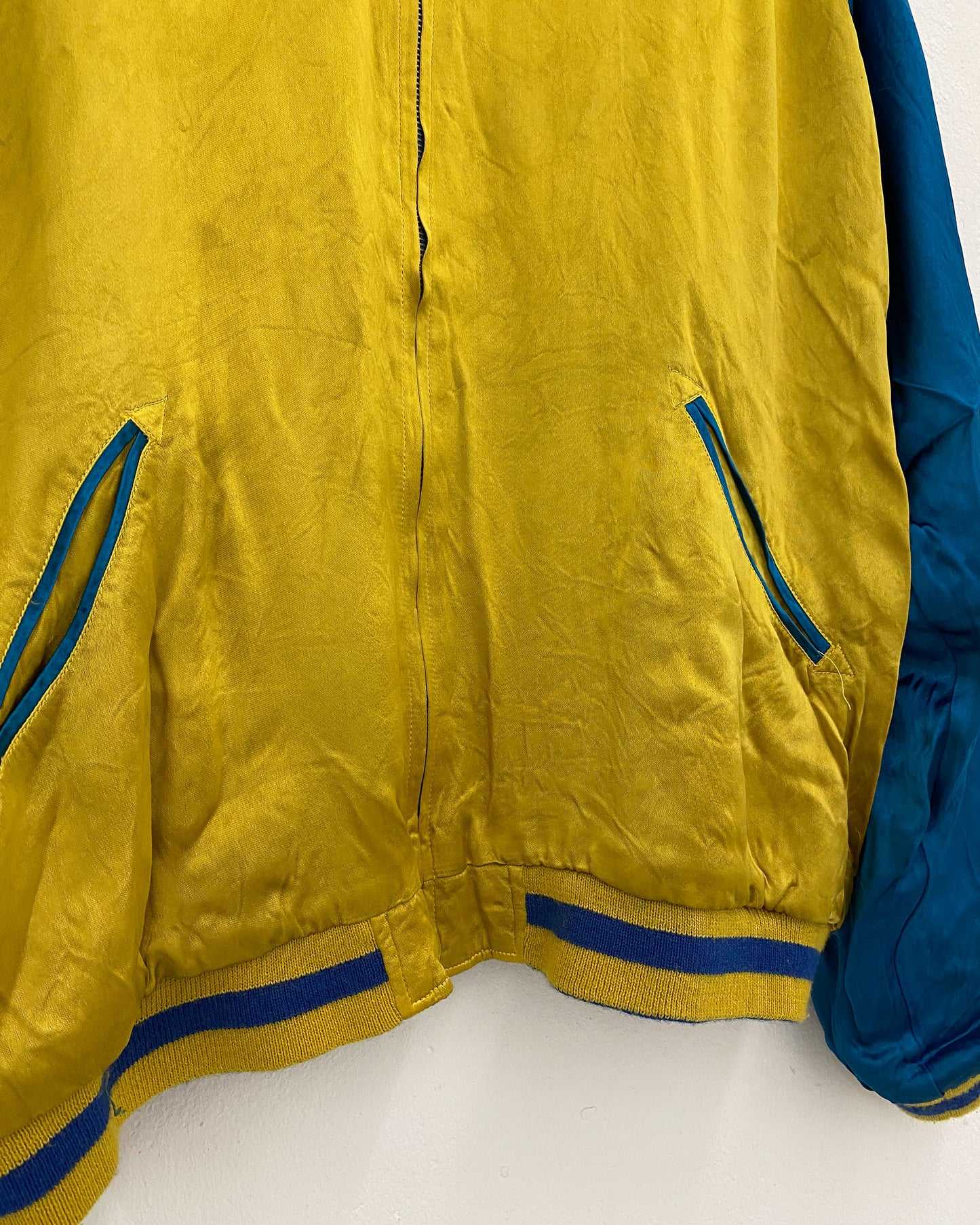 Vintage 1980s Reversible Japan Dragon Souvenir Jacket Blue Yellow