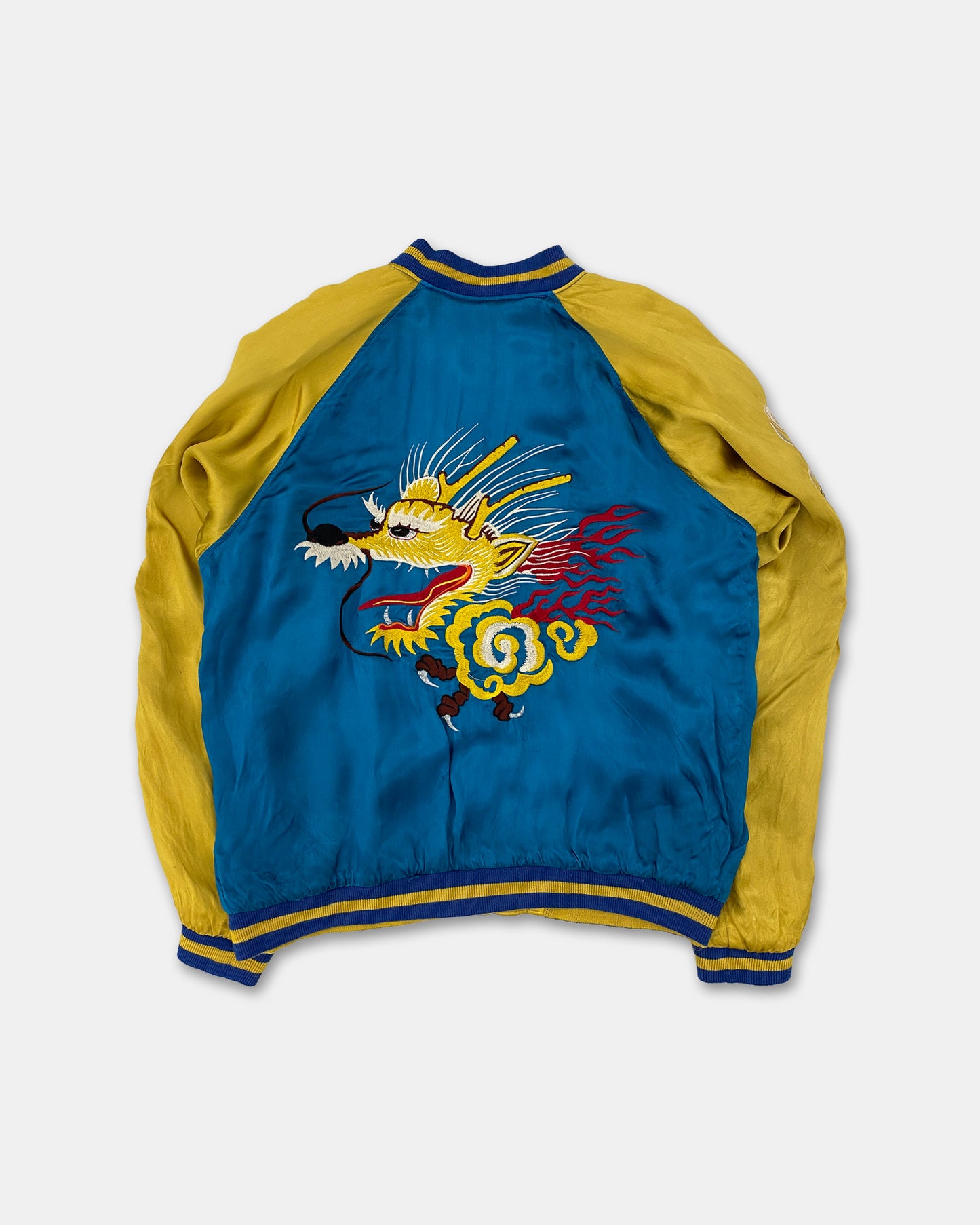Vintage 1980s Reversible Japan Dragon Souvenir Jacket Blue Yellow