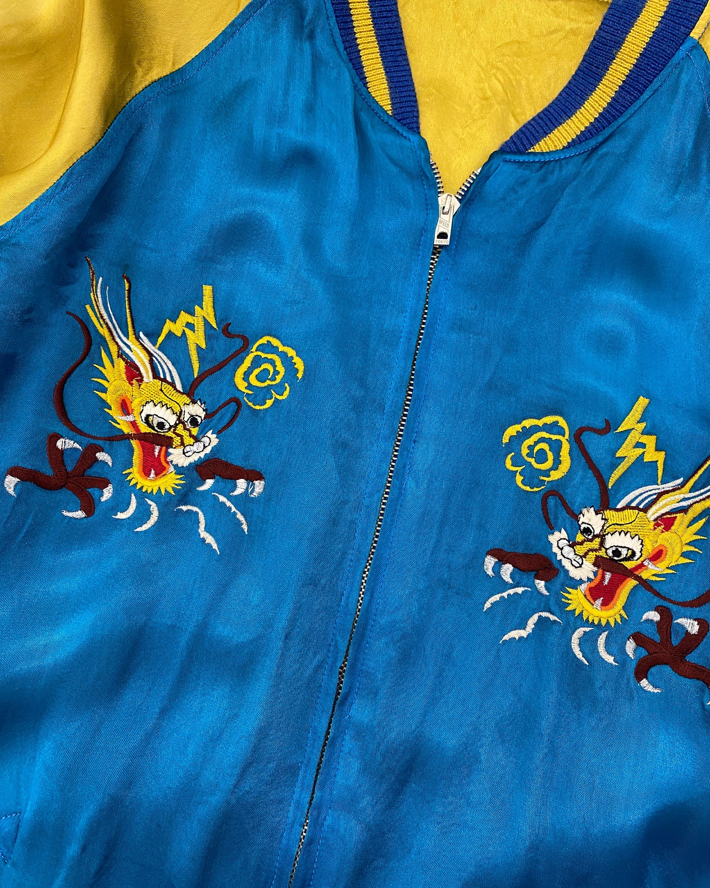 Vintage 1980s Reversible Japan Dragon Souvenir Jacket Blue Yellow