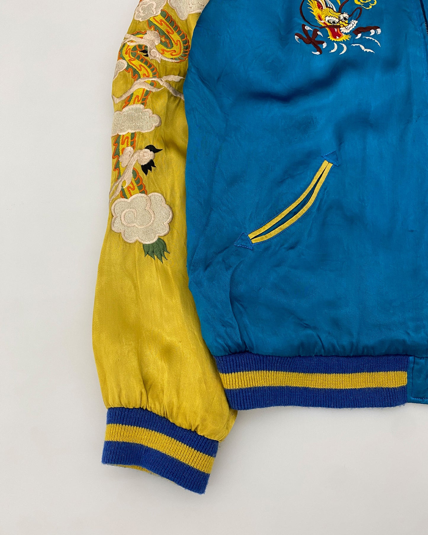 Vintage 1980s Reversible Japan Dragon Souvenir Jacket Blue Yellow