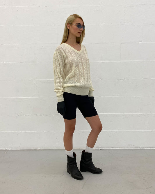 Vintage 1970s Mohair V-Neck Knit Sweater White
