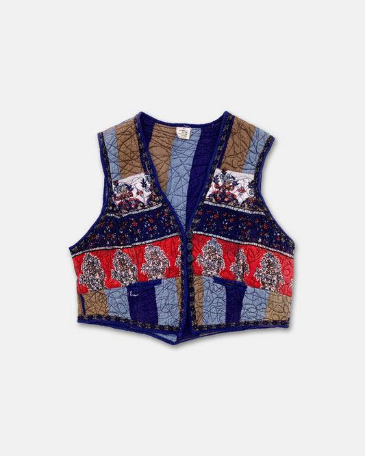 Vintage 1990s Quilted Patchwork Cotton Vest Navy Red