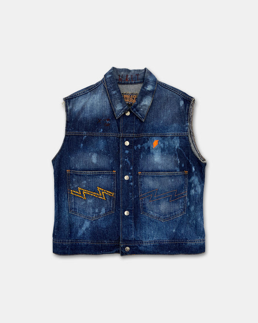 W.&L.T. Walter van Beirendonck 1990s Rhinestones Acid Wash Denim Vest Blue