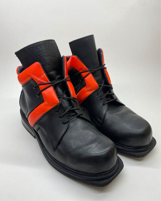 Dirk Bikkembergs 1990s Neon Parts Square Toe Boots Black Orange