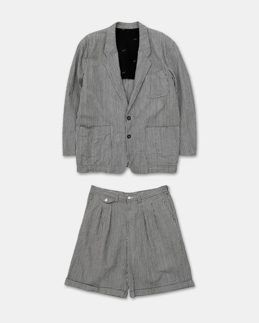 Kenzo 1990s Light Cotton Striped Blazer Jacket and Shorts Set Black White
