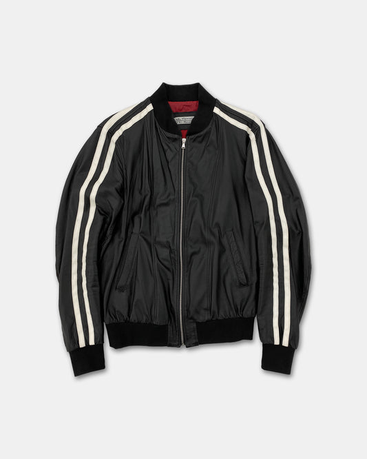 Karl Mommoo 2000s Racing Stripe Leather Bomber Jacket Black