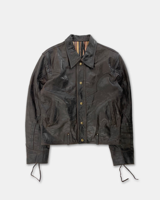 Vent Courvet Paris 1990s Push Button Leather Jacket Brown