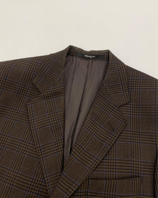 Yves Saint Laurent Pour Homme 1990s Tartan Checkered Blazer Jacket Brown