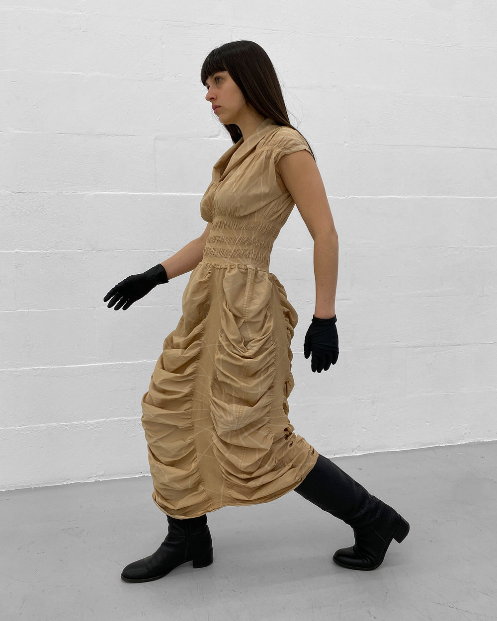 Issey Miyake 2000s A-POC Scrunch Dress Beige