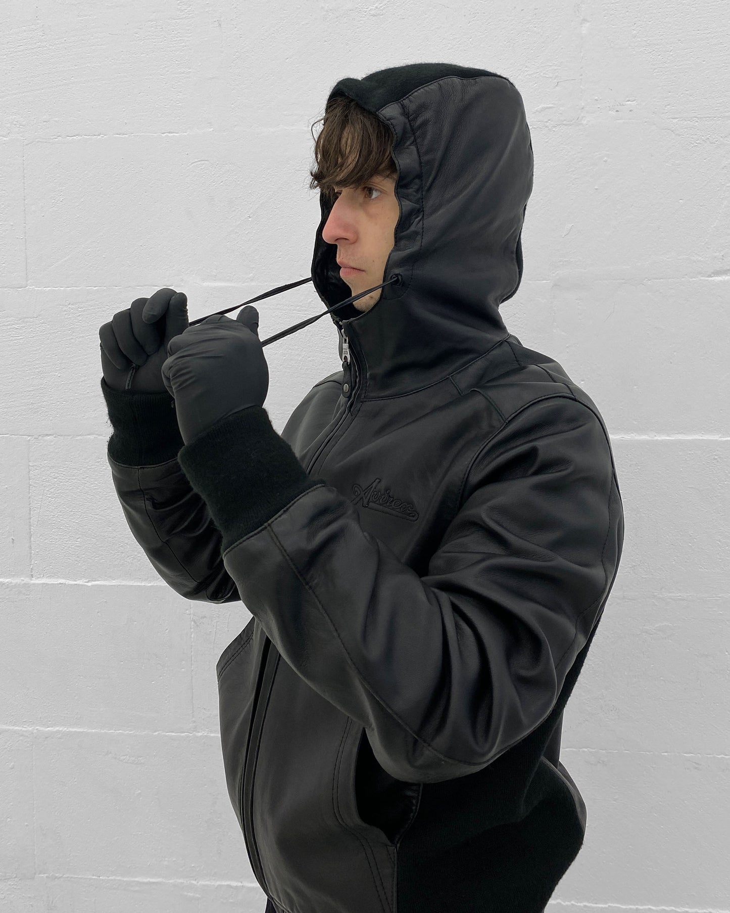 Avirex 2000s Knit Parts Hooded Leather Jacket Black