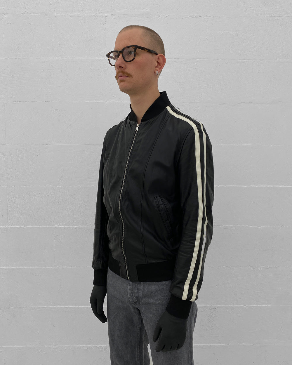 Karl Mommoo 2000s Racing Stripe Leather Bomber Jacket Black