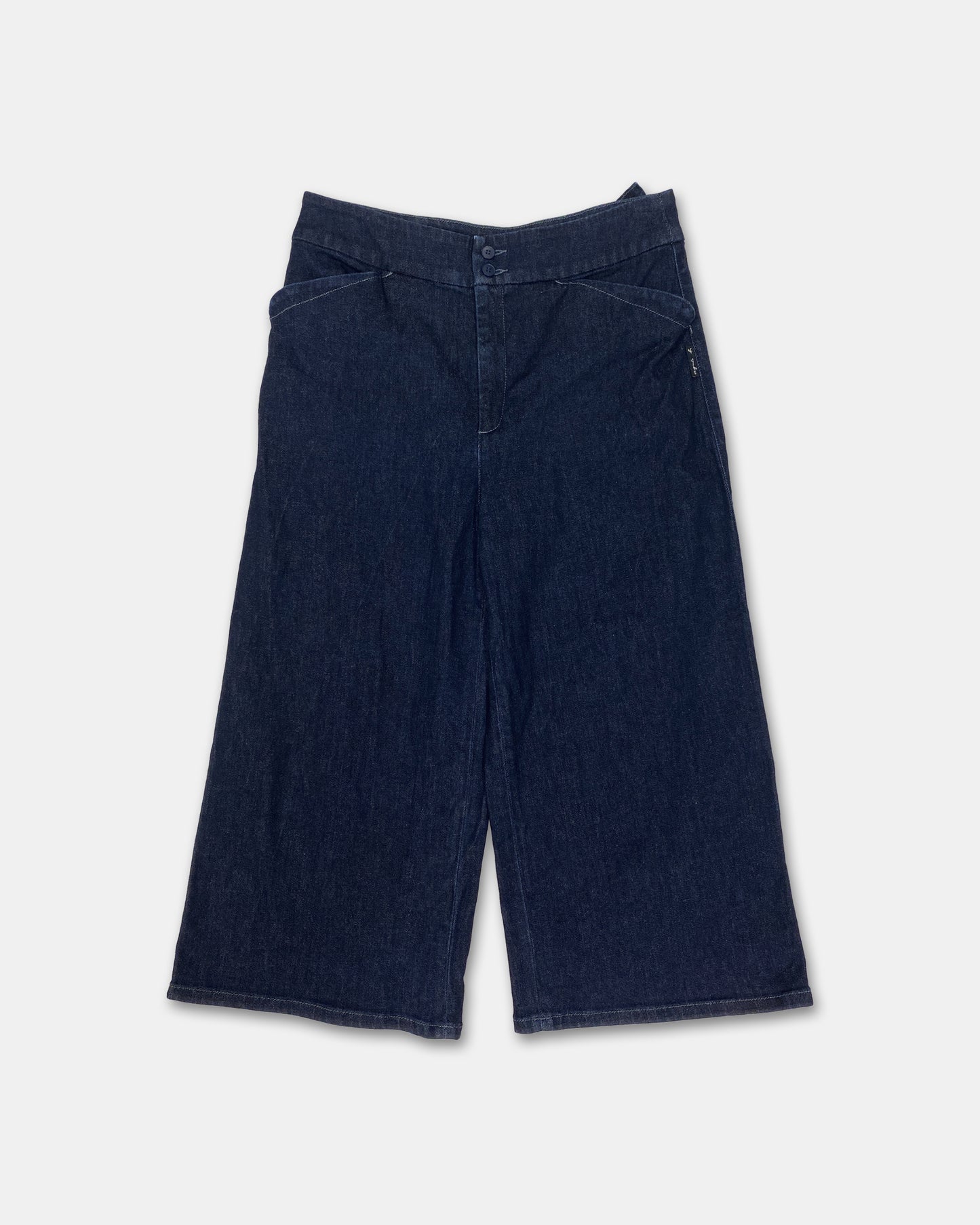Agnès B. 2010s High Waist Wide Leg Capri Denim Pants Dark Blue
