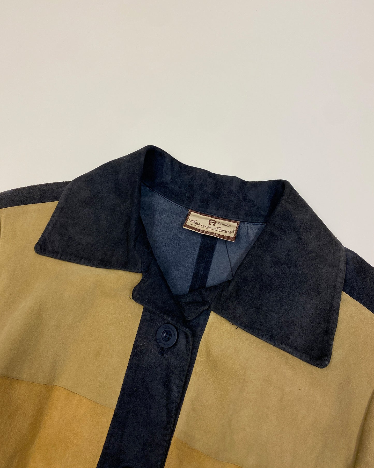 Etienne Aigner 1970s Three Tone Suede Leatherjacket Beige Navy